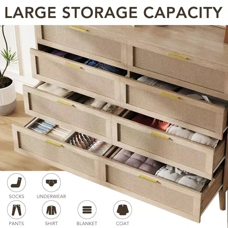 Commode en rotin à 8 tiroirs pour chambre à coucher, commode moderne de 120 cm avec poignée en métal, commode en bois pour téléviseur