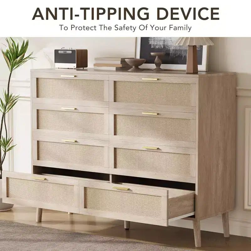 Commode en rotin à 8 tiroirs pour chambre à coucher, commode moderne de 120 cm avec poignée en métal, commode en bois pour téléviseur