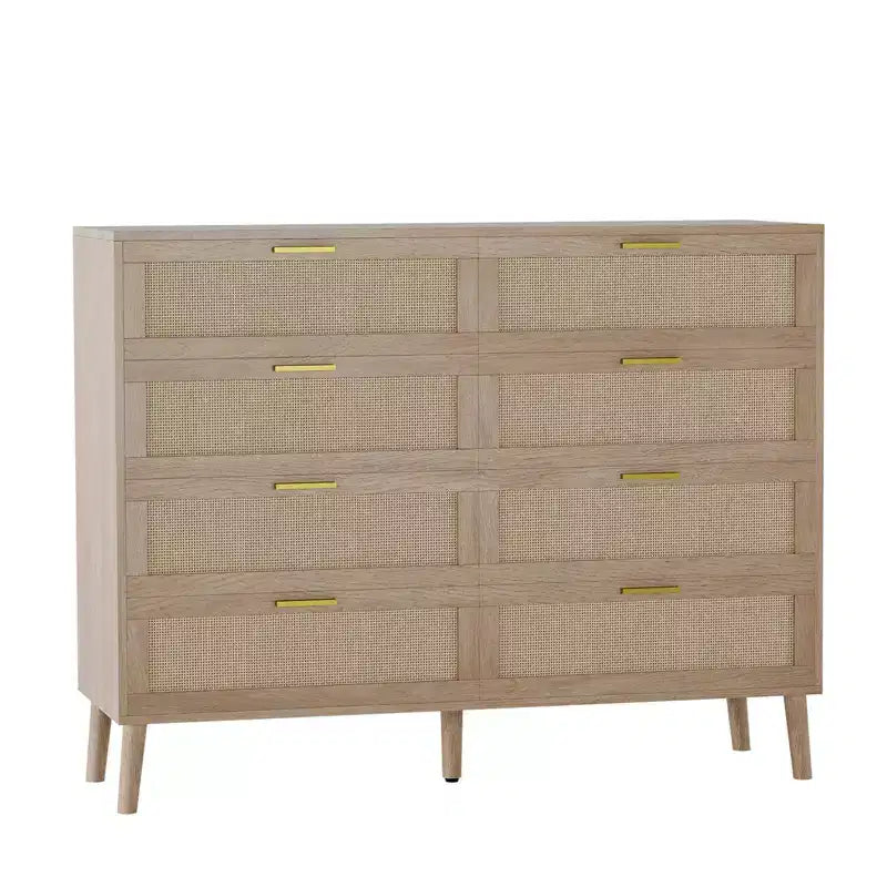 Commode en rotin à 8 tiroirs pour chambre à coucher, commode moderne de 120 cm avec poignée en métal, commode en bois pour téléviseur