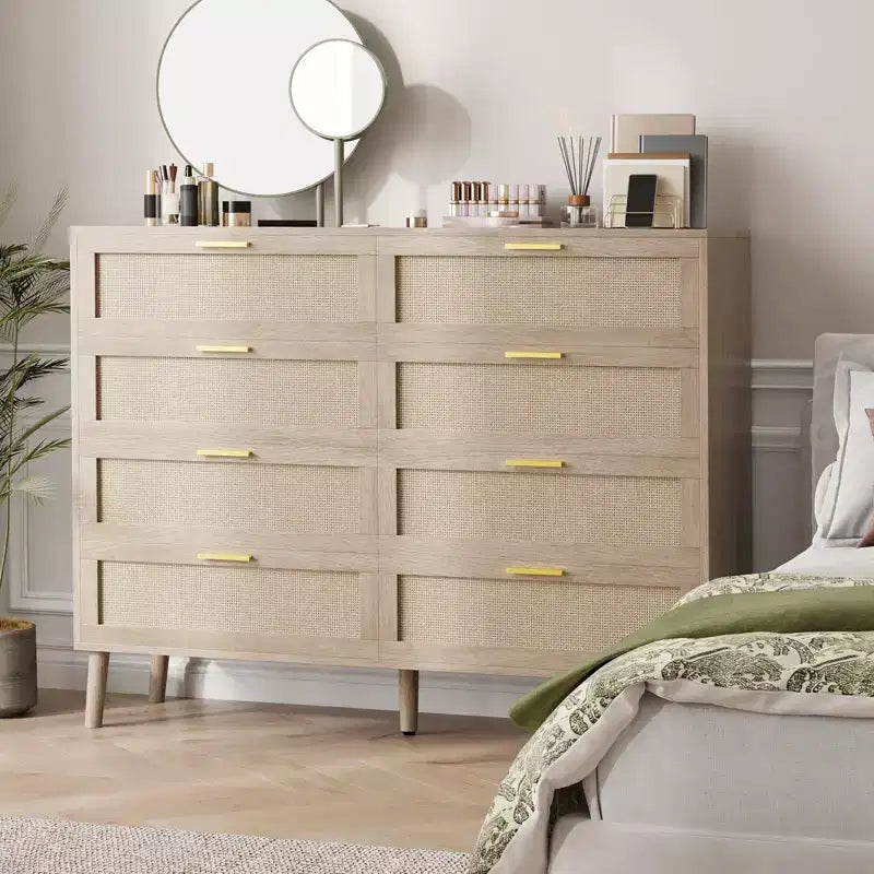Commode en rotin à 8 tiroirs pour chambre à coucher, commode moderne de 120 cm avec poignée en métal, commode en bois pour téléviseur