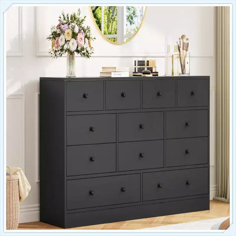 12 Drawer Dresser with Power Outlet, 61 Wood Storage Chest for Bedroom, Living Room, Hallway  Large Capacity Organizer