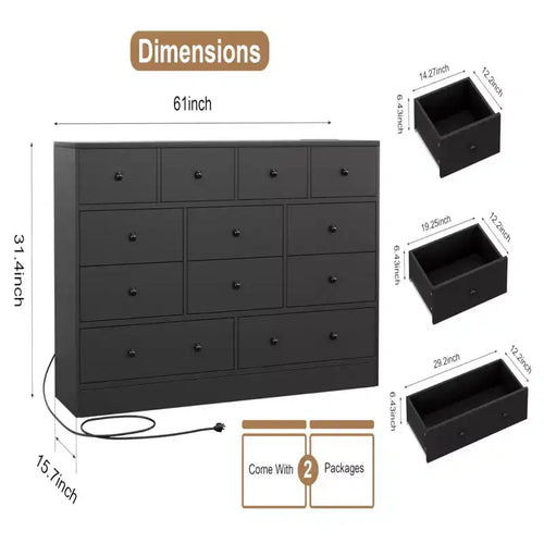 Commode 12 tiroirs avec prise de courant, commode de rangement en bois 61 po pour chambre à coucher, salon, couloir – Organiseur grande capacité