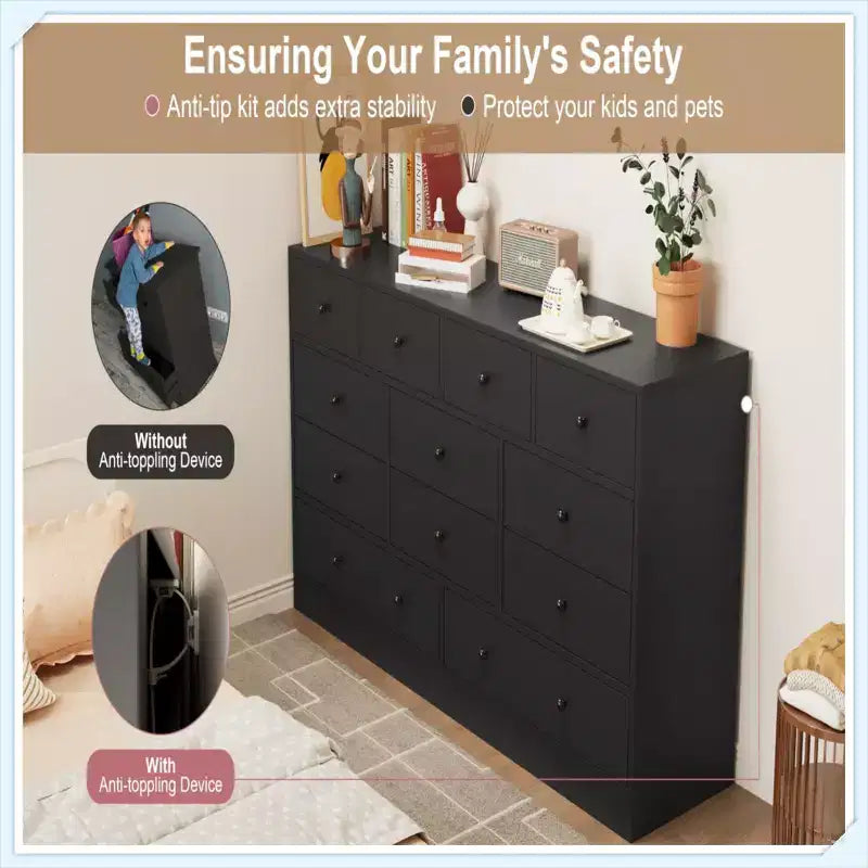 12 Drawer Dresser with Power Outlet, 61 Wood Storage Chest for Bedroom, Living Room, Hallway  Large Capacity Organizer