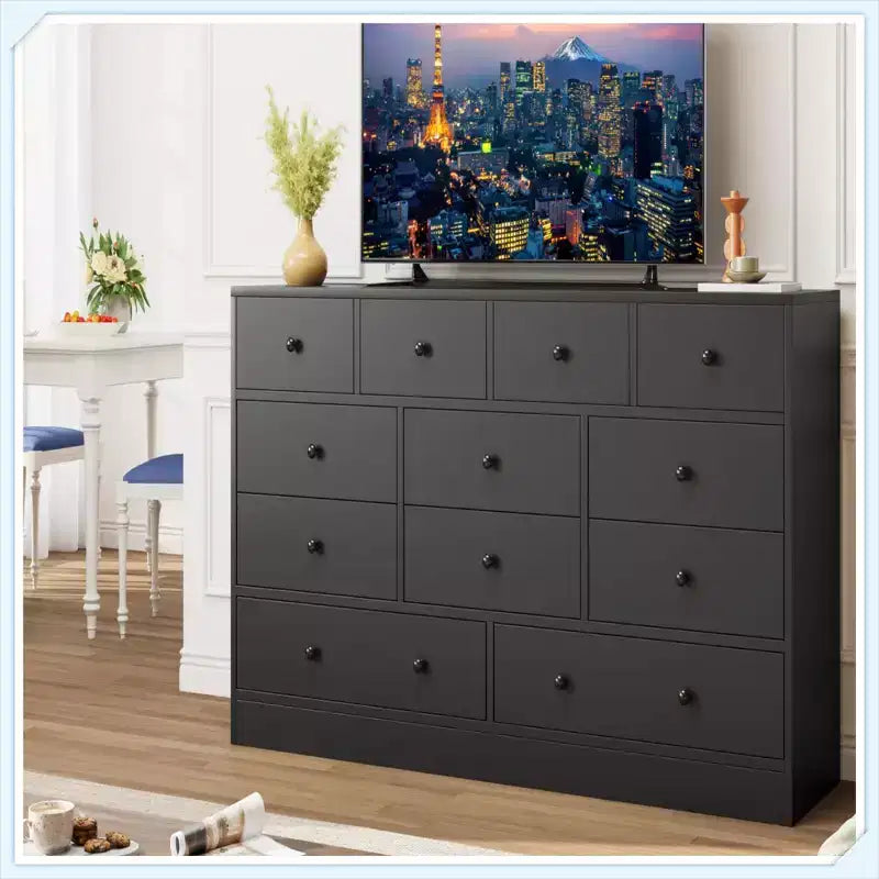12 Drawer Dresser with Power Outlet, 61 Wood Storage Chest for Bedroom, Living Room, Hallway  Large Capacity Organizer
