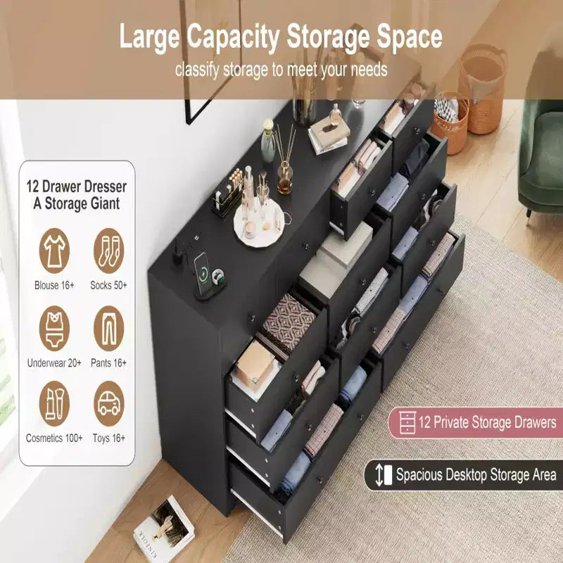 12 Drawer Dresser with Power Outlet, 61 Wood Storage Chest for Bedroom, Living Room, Hallway  Large Capacity Organizer