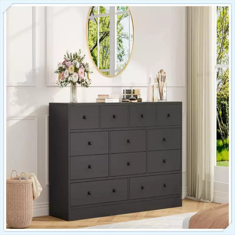 12 Drawer Dresser with Power Outlet, 61 Wood Storage Chest for Bedroom, Living Room, Hallway  Large Capacity Organizer