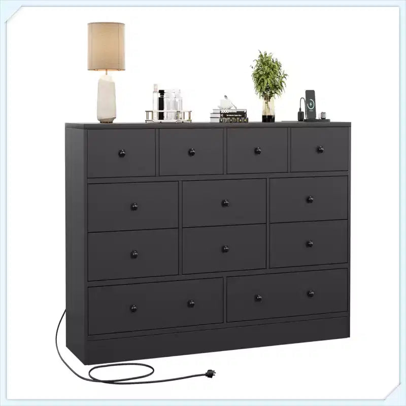 12 Drawer Dresser with Power Outlet, 61 Wood Storage Chest for Bedroom, Living Room, Hallway  Large Capacity Organizer