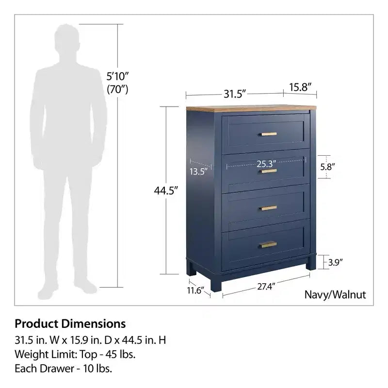 Armada 4-Drawer Dresser, Navy with Walnut Top