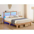 12.4 Inch Deluxe Solid Wood Full Bed Frame with Natural Rattan Headboard, LED Lights, Noise-free, Mattress Foundation, No Box Spring Needed