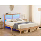 12.4 Inch Deluxe Solid Wood Full Bed Frame with Natural Rattan Headboard, LED Lights, Noise-free, Mattress Foundation, No Box Spring Needed
