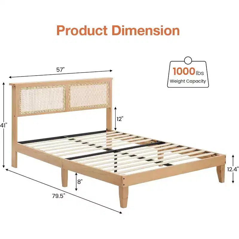 Cadre de lit double 12,4 pouces de luxe en bois massif avec tête de lit en rotin naturel, lumières LED, silencieux, sommier tapissier, pas besoin de sommier à ressorts