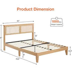 Cadre de lit double 12,4 pouces de luxe en bois massif avec tête de lit en rotin naturel, lumières LED, silencieux, sommier tapissier, pas besoin de sommier à ressorts