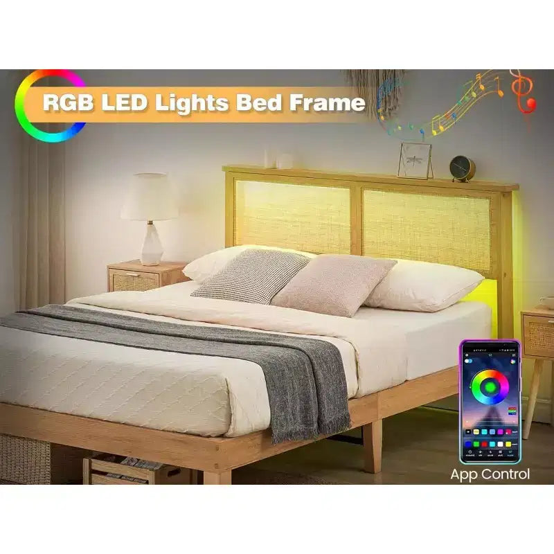 Cadre de lit double 12,4 pouces de luxe en bois massif avec tête de lit en rotin naturel, lumières LED, silencieux, sommier tapissier, pas besoin de sommier à ressorts