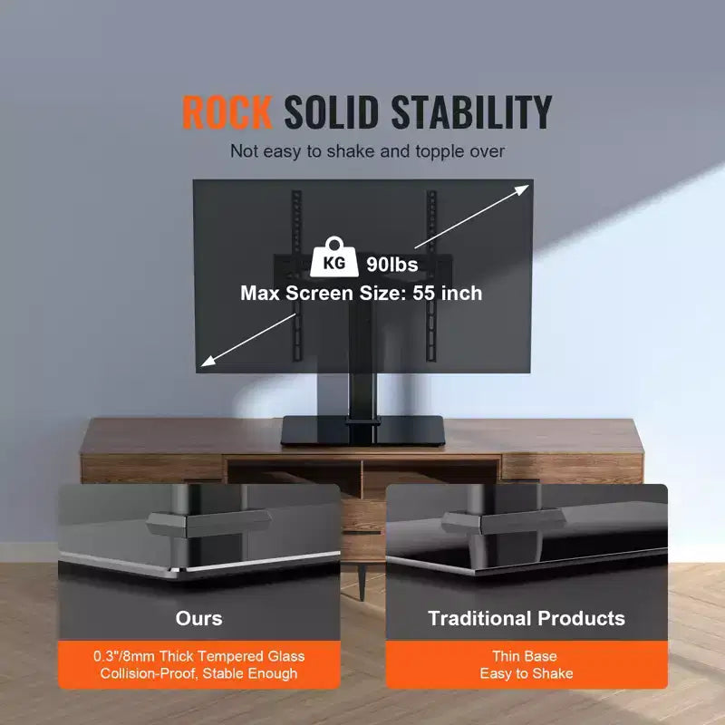 VEVOR TV Stand Mount, Swivel Universal TV Stand for 32 to 55 inch TVs, Height Adjustable Portable Floor TV Stand with Tempered Glass Base