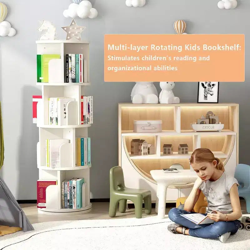 Étagère rotative à 360 degrés, bibliothèque en bois blanc à 4 niveaux, 130 cm, étagère de rangement d'angle au sol, chambre, salon