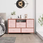 Meuble TV et commode 8 tiroirs avec éclairage LED et prises de courant pour TV 55'', parfait pour la chambre et le salon