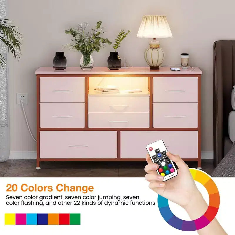 Meuble TV et commode 8 tiroirs avec éclairage LED et prises de courant pour TV 55'', parfait pour la chambre et le salon