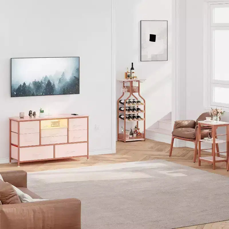 Meuble TV et commode 8 tiroirs avec éclairage LED et prises de courant pour TV 55'', parfait pour la chambre et le salon