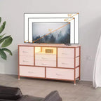 Meuble TV et commode 8 tiroirs avec éclairage LED et prises de courant pour TV 55'', parfait pour la chambre et le salon