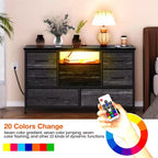Meuble TV et commode 8 tiroirs avec éclairage LED et prises de courant pour TV 55'', parfait pour la chambre et le salon