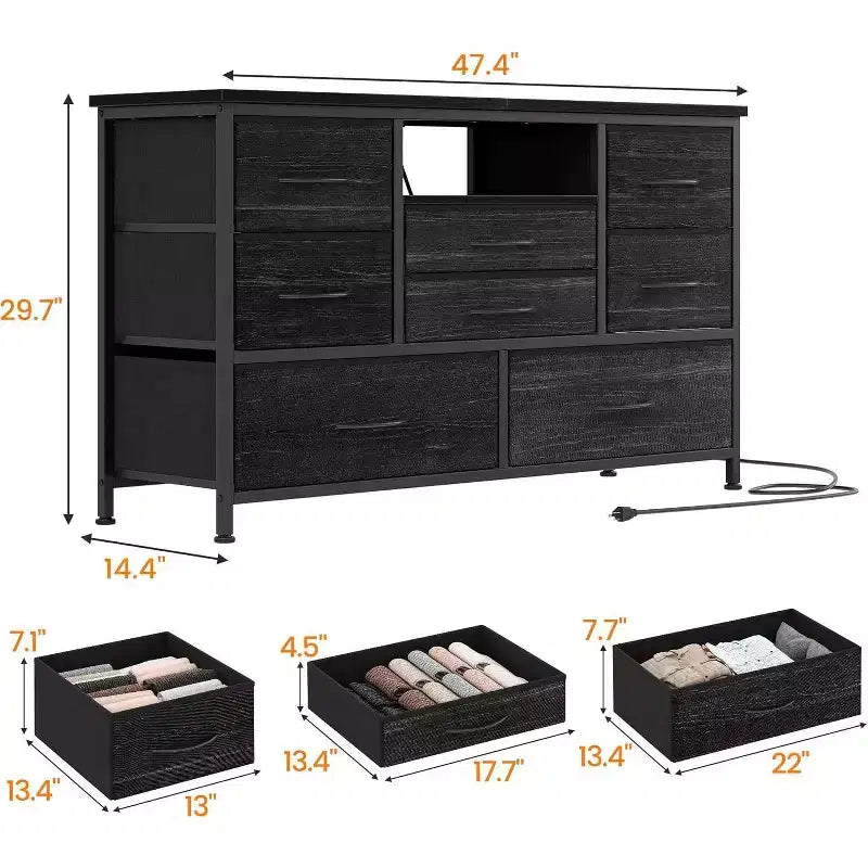 Meuble TV et commode 8 tiroirs avec éclairage LED et prises de courant pour TV 55'', parfait pour la chambre et le salon