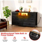 Meuble TV et commode 8 tiroirs avec éclairage LED et prises de courant pour TV 55'', parfait pour la chambre et le salon