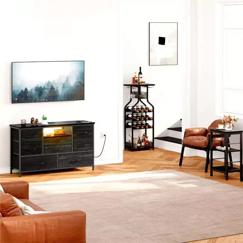 Meuble TV et commode 8 tiroirs avec éclairage LED et prises de courant pour TV 55'', parfait pour la chambre et le salon