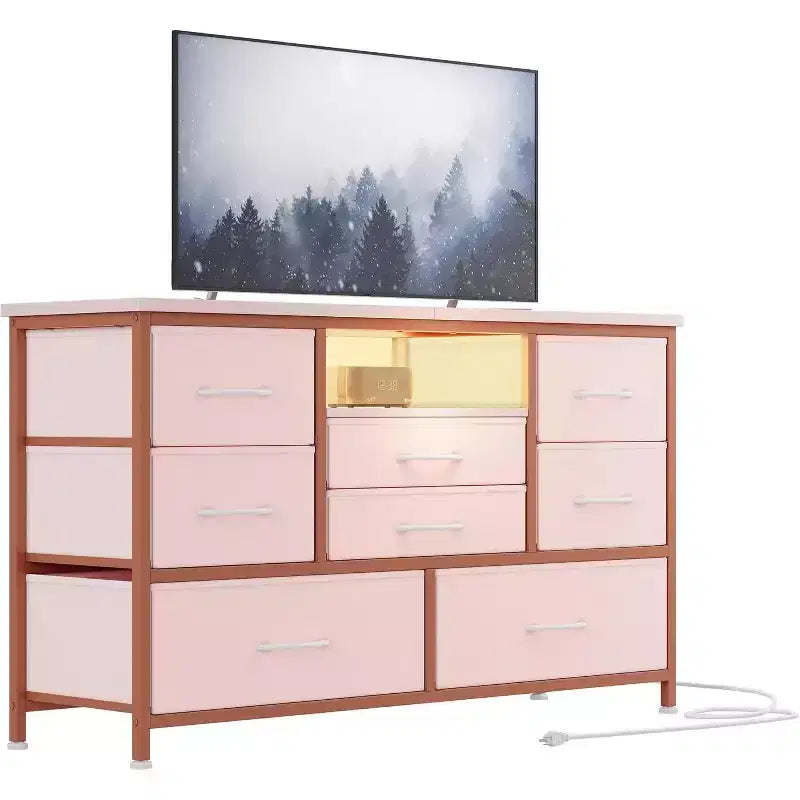 Meuble TV et commode 8 tiroirs avec éclairage LED et prises de courant pour TV 55'', parfait pour la chambre et le salon