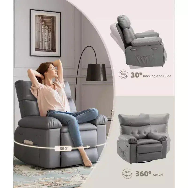 Fauteuil inclinable chauffant et massant avec pivotement à 360° et bascule manuelle, design ergonomique avec télécommande et porte-gobelets pour salon