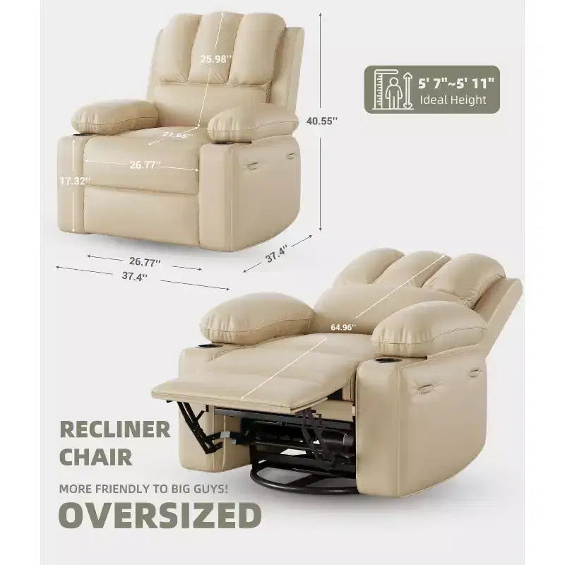 Fauteuil inclinable XL avec chauffage et massage, pivotant à 360°, bascule manuelle et porte-gobelet pour salon