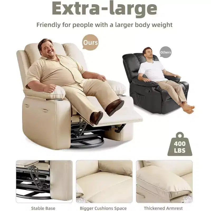 Fauteuil inclinable XL avec chauffage et massage, pivotant à 360°, bascule manuelle et porte-gobelet pour salon