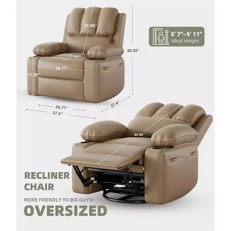Fauteuil inclinable XL avec chauffage et massage, pivotant à 360°, bascule manuelle et porte-gobelet pour salon