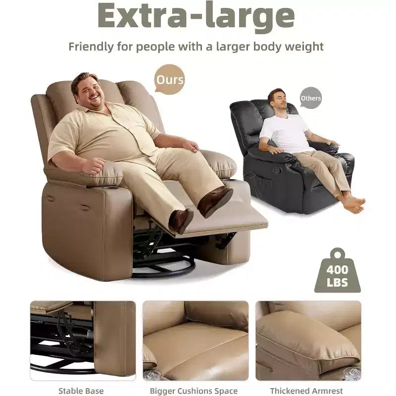 Fauteuil inclinable XL avec chauffage et massage, pivotant à 360°, bascule manuelle et porte-gobelet pour salon