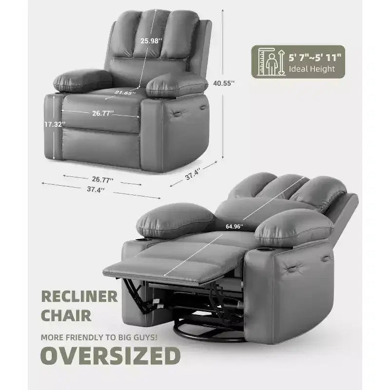 Fauteuil inclinable XL avec chauffage et massage, pivotant à 360°, bascule manuelle et porte-gobelet pour salon