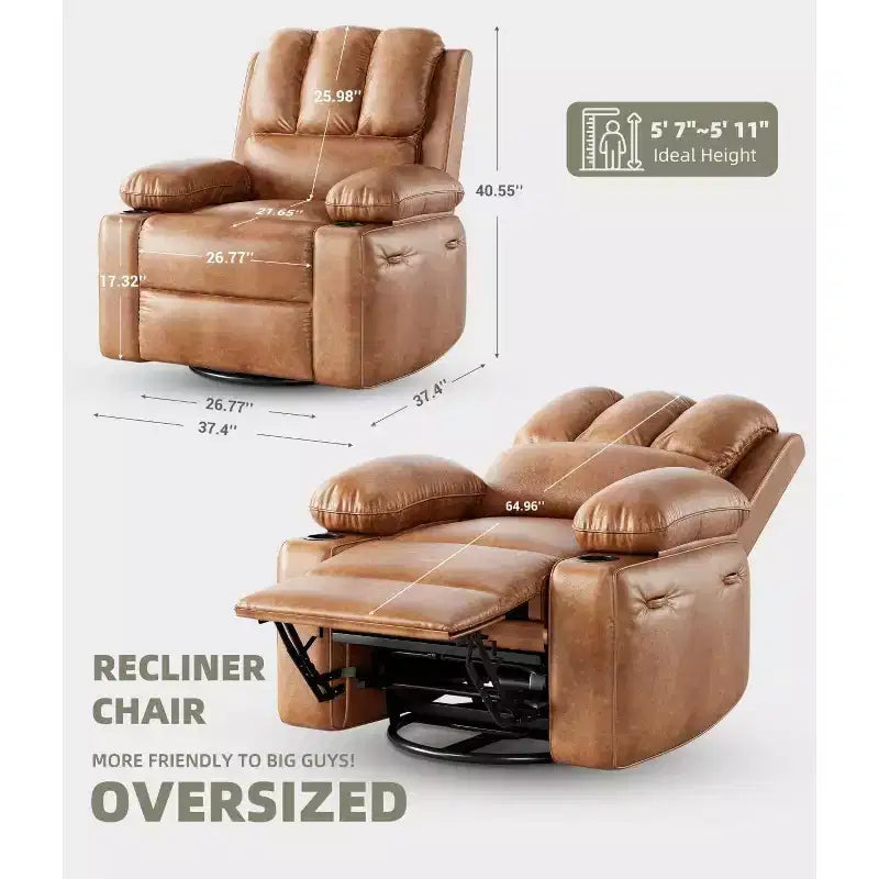 Fauteuil inclinable XL avec chauffage et massage, pivotant à 360°, bascule manuelle et porte-gobelet pour salon