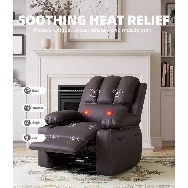 Fauteuil inclinable XL avec chauffage et massage, pivotant à 360°, bascule manuelle et porte-gobelet pour salon