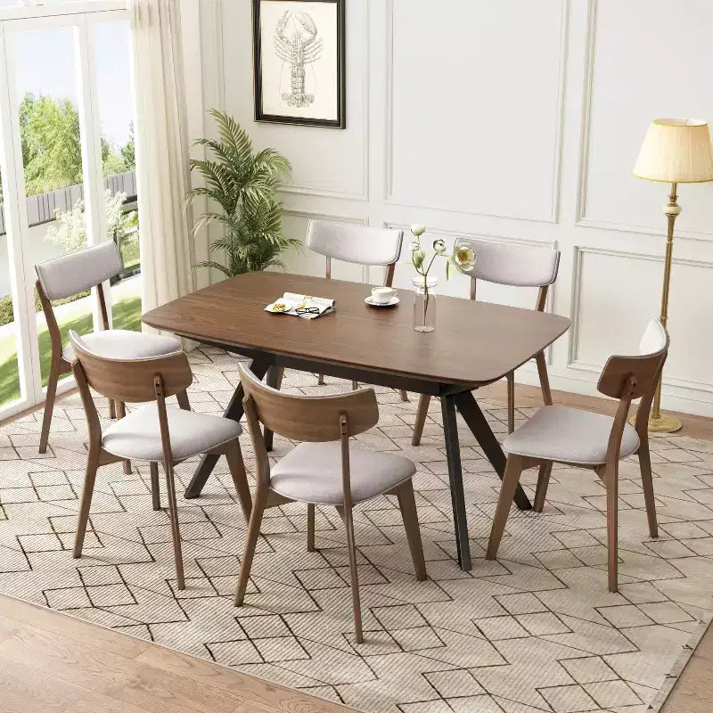 Christopher Knight Home Lara Ensemble de salle à manger 7 pièces en hévéa et tissu, style moderne du milieu du siècle