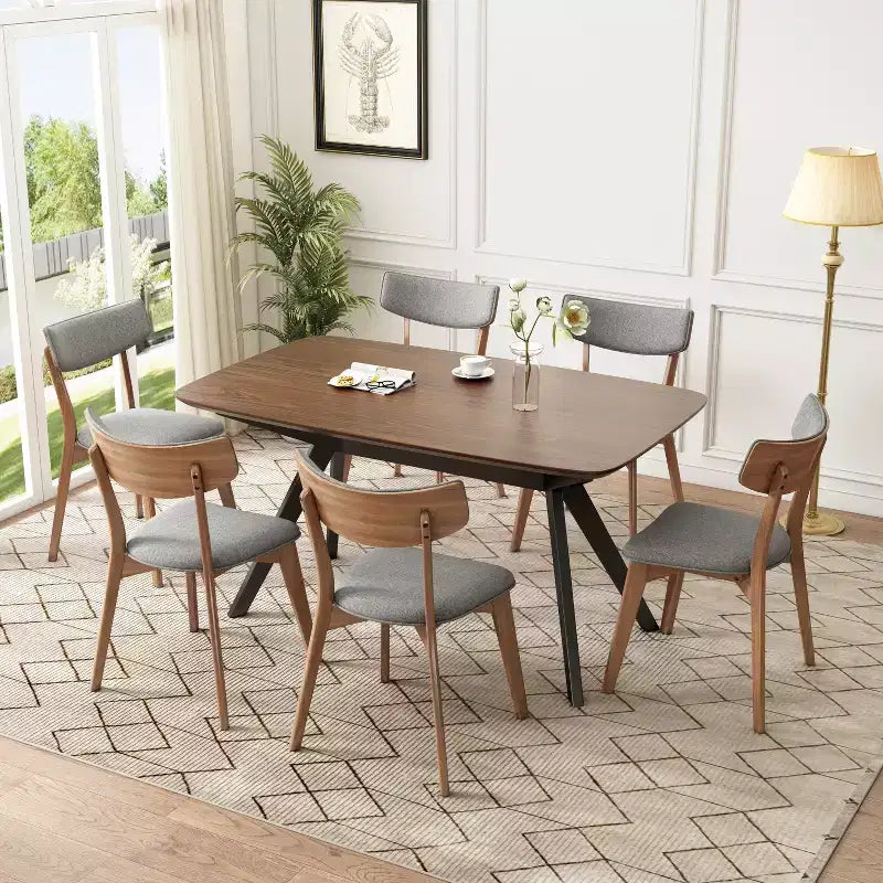 Christopher Knight Home Lara Ensemble de salle à manger 7 pièces en hévéa et tissu, style moderne du milieu du siècle