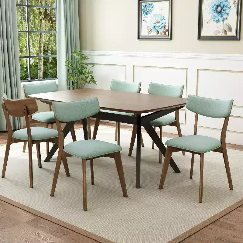 Christopher Knight Home Lara Ensemble de salle à manger 7 pièces en hévéa et tissu, style moderne du milieu du siècle