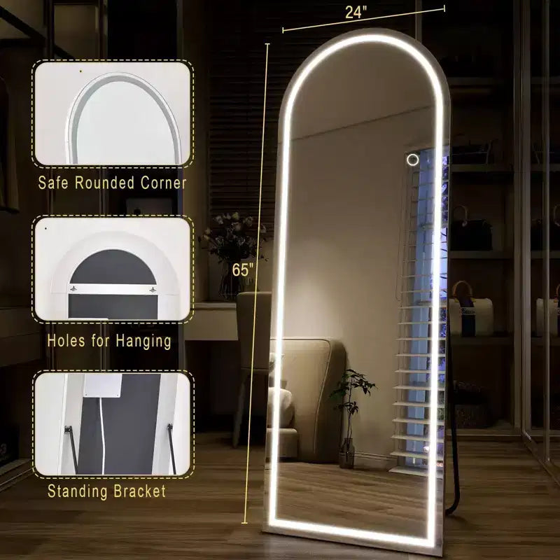 Miroir arqué pleine longueur LED 24x65 avec lumières LED, Miroir sur pied pour chambre à coucher, Miroir pleine longueur mural, Miroir en A
