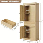 69 Modern Tall Rattan Storage Cabinet, Freestanding Cupboard with Doors, Adjustable Shelves, and Drawer for Bathroom, Dining Room, Living Room