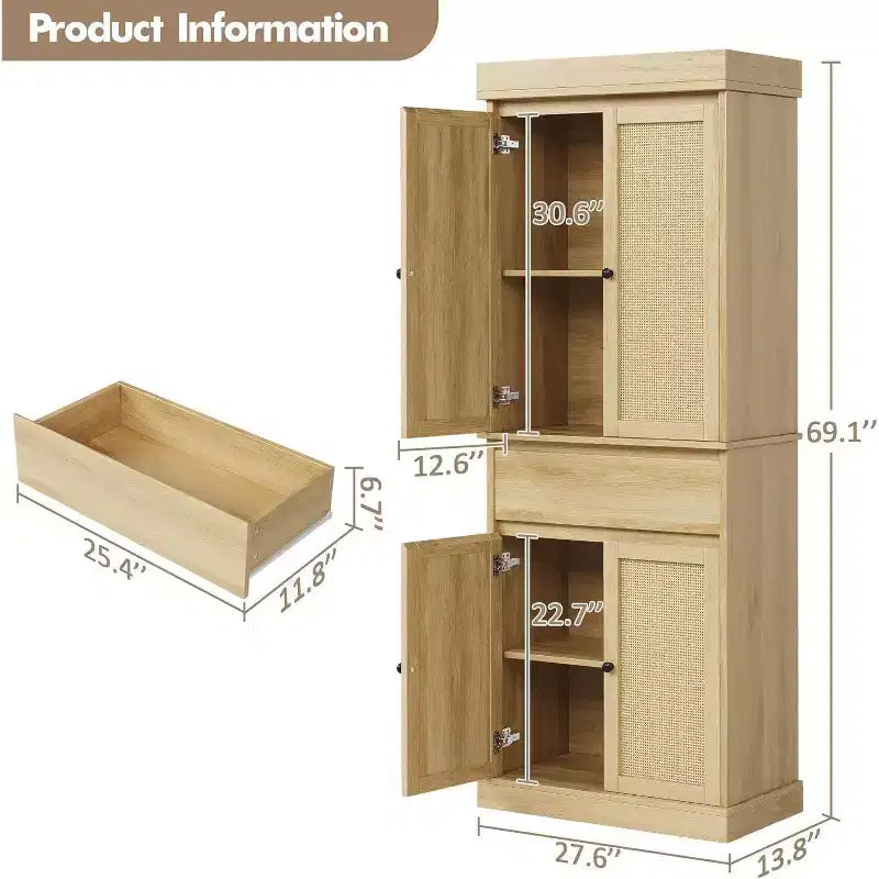 69 Modern Tall Rattan Storage Cabinet, Freestanding Cupboard with Doors, Adjustable Shelves, and Drawer for Bathroom, Dining Room, Living Room