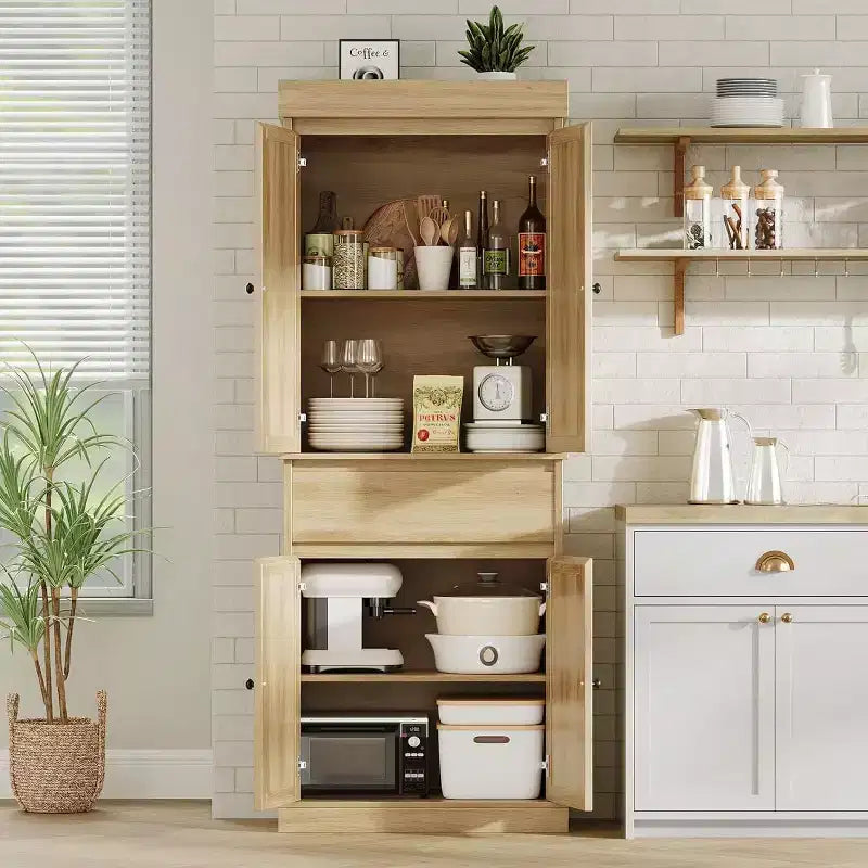 69 Modern Tall Rattan Storage Cabinet, Freestanding Cupboard with Doors, Adjustable Shelves, and Drawer for Bathroom, Dining Room, Living Room
