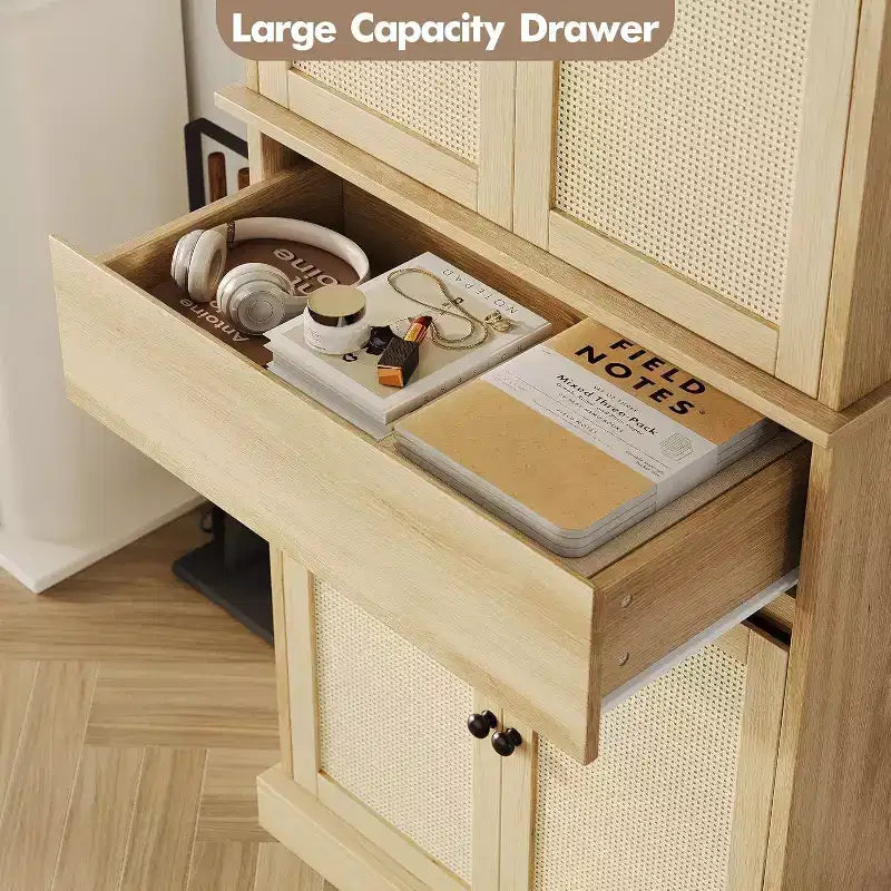 69 Modern Tall Rattan Storage Cabinet, Freestanding Cupboard with Doors, Adjustable Shelves, and Drawer for Bathroom, Dining Room, Living Room