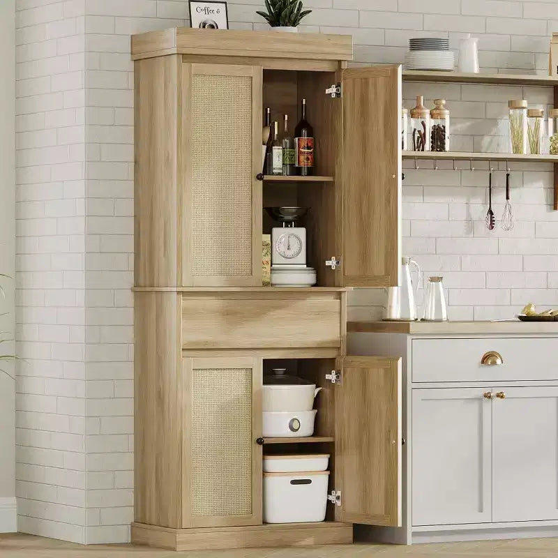 69 Modern Tall Rattan Storage Cabinet, Freestanding Cupboard with Doors, Adjustable Shelves, and Drawer for Bathroom, Dining Room, Living Room