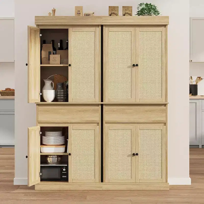 69 Modern Tall Rattan Storage Cabinet, Freestanding Cupboard with Doors, Adjustable Shelves, and Drawer for Bathroom, Dining Room, Living Room