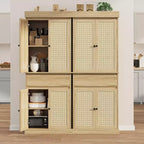 69 Modern Tall Rattan Storage Cabinet, Freestanding Cupboard with Doors, Adjustable Shelves, and Drawer for Bathroom, Dining Room, Living Room