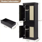 69 Modern Tall Rattan Storage Cabinet, Freestanding Cupboard with Doors, Adjustable Shelves, and Drawer for Bathroom, Dining Room, Living Room