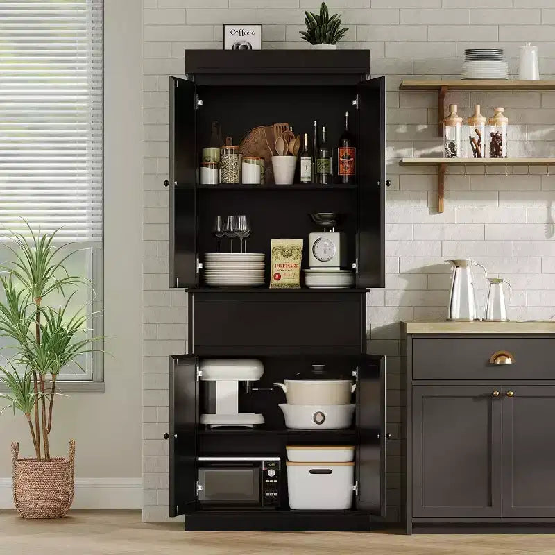 69 Modern Tall Rattan Storage Cabinet, Freestanding Cupboard with Doors, Adjustable Shelves, and Drawer for Bathroom, Dining Room, Living Room