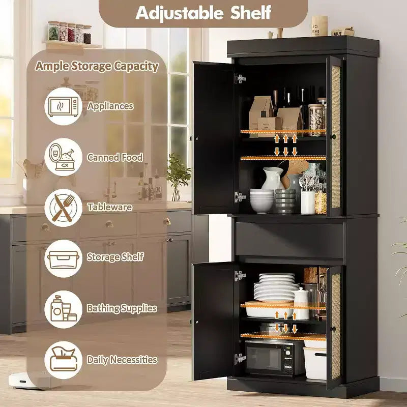 69 Modern Tall Rattan Storage Cabinet, Freestanding Cupboard with Doors, Adjustable Shelves, and Drawer for Bathroom, Dining Room, Living Room
